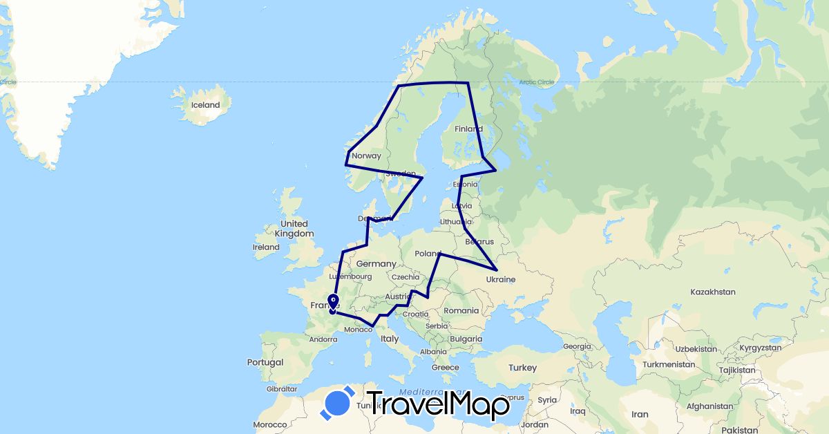 TravelMap itinerary: driving in Austria, Belgium, Germany, Denmark, Estonia, Finland, France, Hungary, Italy, Lithuania, Latvia, Netherlands, Norway, Poland, Russia, Sweden, Slovenia, Slovakia, Ukraine (Europe)